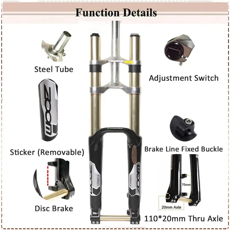 ZOOM 26" MTB Bike Suspension Fork 1-1/8" Aluminium DH680 Bicycle Fork 110*20mm TA Lockout Disc Brake Fork Cycling Parts