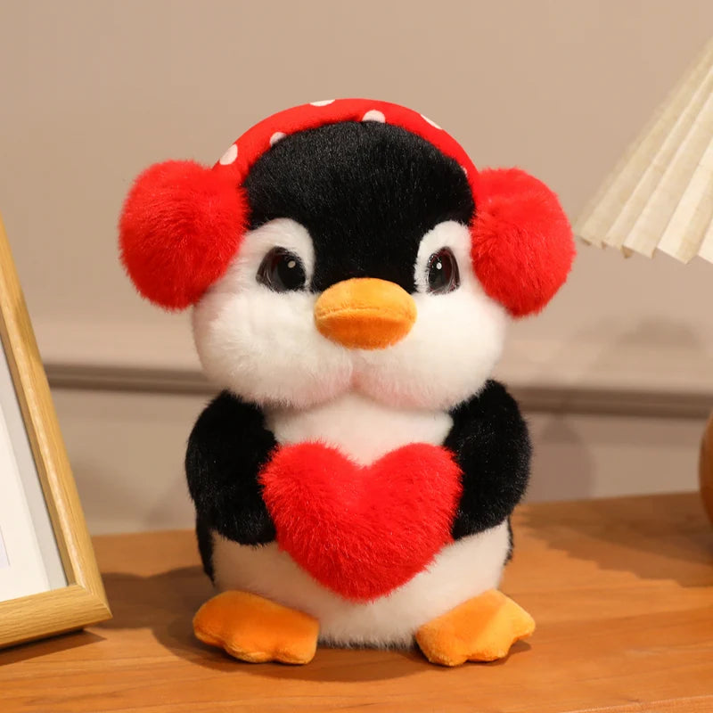 Cute Standing Earphone Penguin Doll Stuffed Holding Red Heart Say Love Cartoon Animal Toy Standing Plushie Birthday Gift