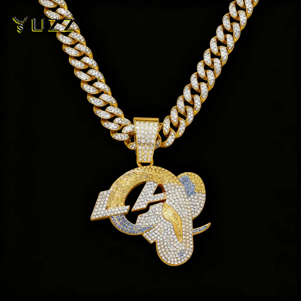 Men's Hip-Hop Personality LOGO Pendant with Cuban Link Chain Iced Out Bling Full Rhinestone Necklaces Fashion Punk Jewelry Gifts