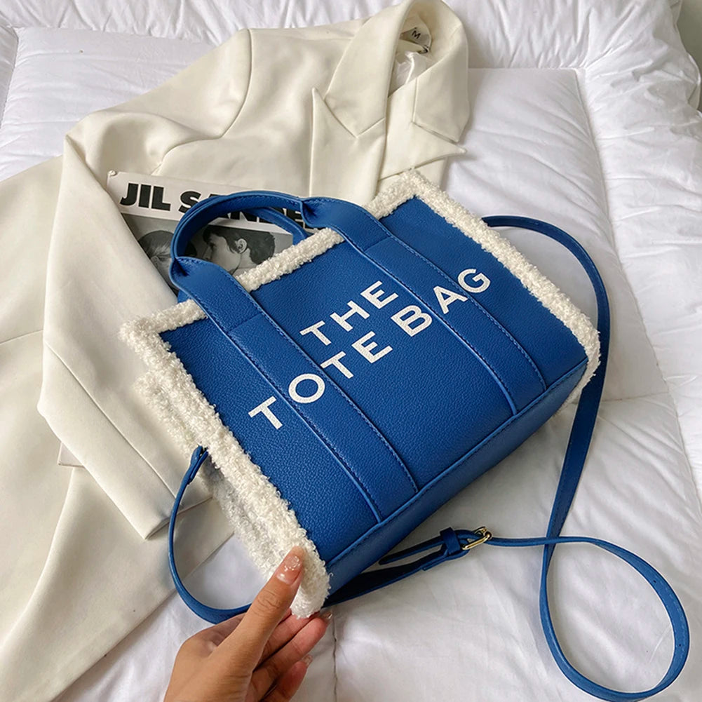 Blue PU Leather Commute Bag Fashion Letter Casual Soft Girls Shop Square Bags