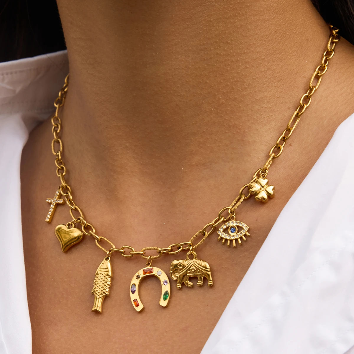 Uworld Fashion Trendy Stainless Steel Colorful Rhinestone Horseshoe Pendant Necklace Heart Shaped Fish Multi pendant Necklace Wo