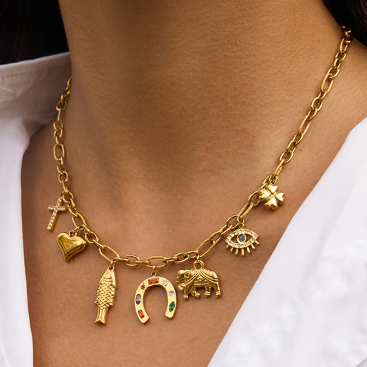 Uworld Fashion Trendy Stainless Steel Colorful Rhinestone Horseshoe Pendant Necklace Heart Shaped Fish Multi pendant Necklace Wo