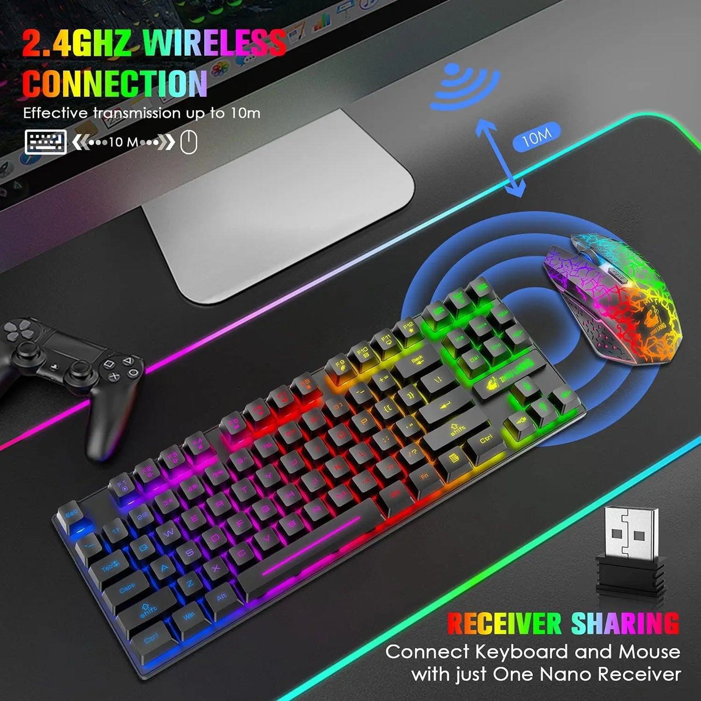 Wireless Gaming Keyboard and Mouse, Rainbow Backlit Rechargeable 3800mAh Battery