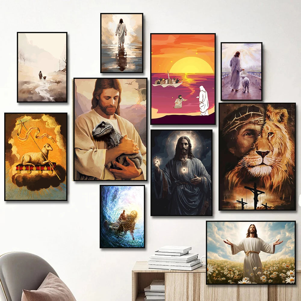 Jesus Lion Christian Lamb Hand of God Canvas Paint Religious Posters Wall Art