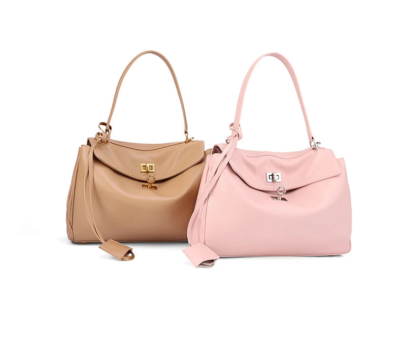 Women's Genuine Leather Large Capacity Solid Color Tote Bag 2026 New Fashion Leather Shoulder Bag Casual Ladies Commute Handbag