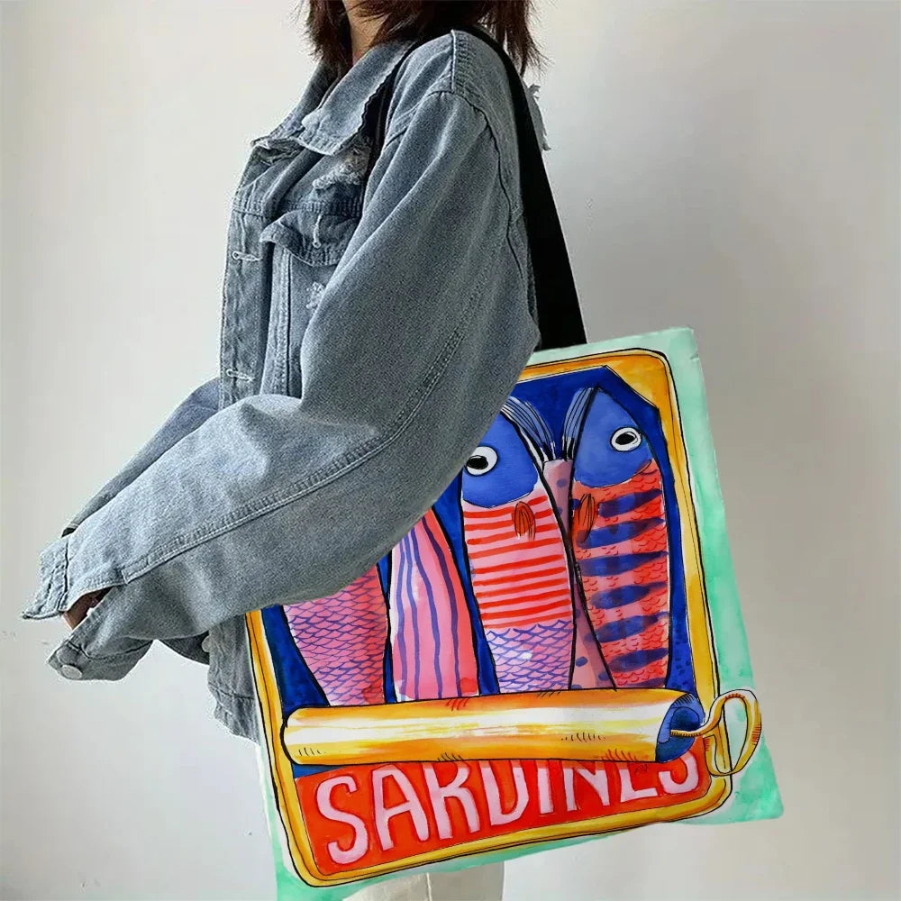 Colorful Sardines Printed Casual Handbag Reusable Fashion Tote Bag Polyester Bag