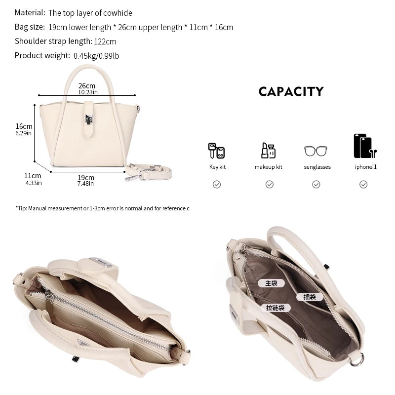 Genuine Leather Mini Tote Bag for Women Fashion Cowhide Shoulder Bag Patchwork Commute Handbag Luxury Designer Crossbody Bag
