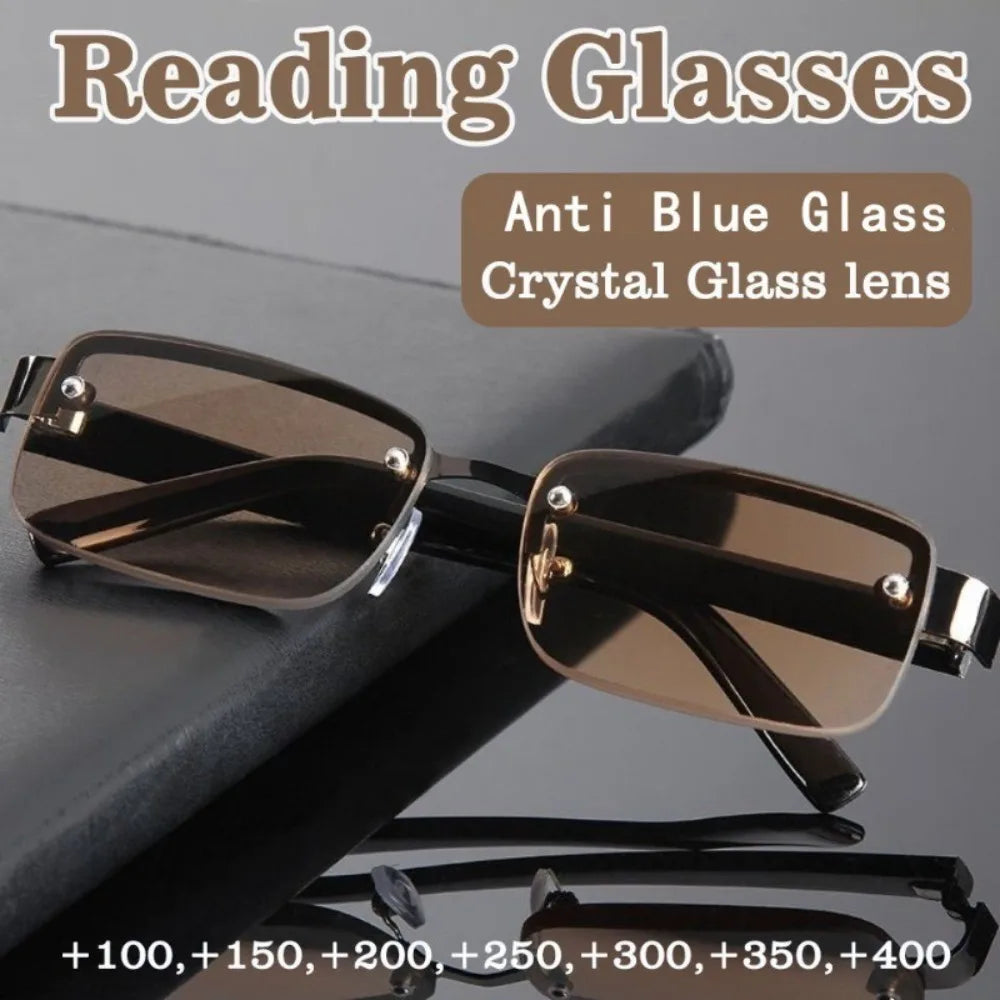 +100 To +400 Half-Rim Reading Glasses Men and Women Crystal Glass Lens Presbyopia Glasses with Grade