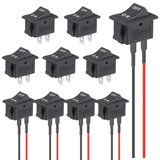 10pcs Rocker ON Off Switch 12V Toggle Switch KCD1 Mini Rocker Switches 2 Pin AC 6A 250V 10A 125V SPST 2 Position Black Square