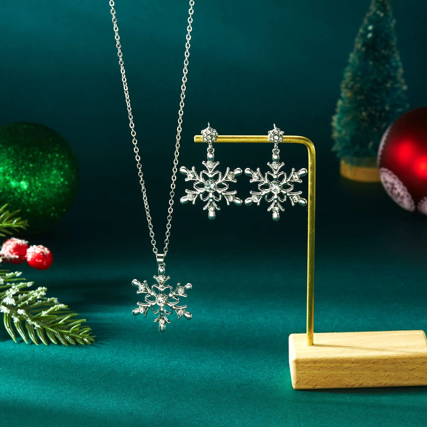 Christmas Colorful Rhinestone Imitation Pearl Snowflake Necklace Earrings Set For Women 2026 Xmas Jewelry Set Holiday Party Gift