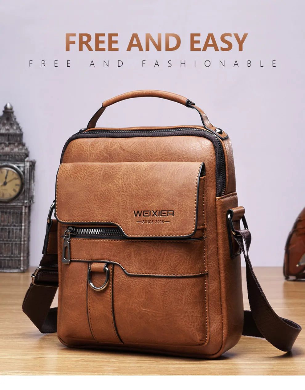 Weixer Men Crossbody Bag Shoulder Zippers Handbag Leather Messenger Tote Bag 01