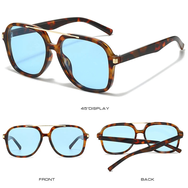JNPCXI New Retro Oversized Pilot Square Leopard Blue Sunglasses for Women Men Punk Square Sun Glasses Ladies Outdoor Eyewear