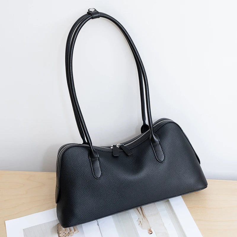 Genuine Cowhide Leather Large Baguette Shoulder Bag for Women Daily Office Pebbled Leather Hobo Tote Bag with Zipper Closure