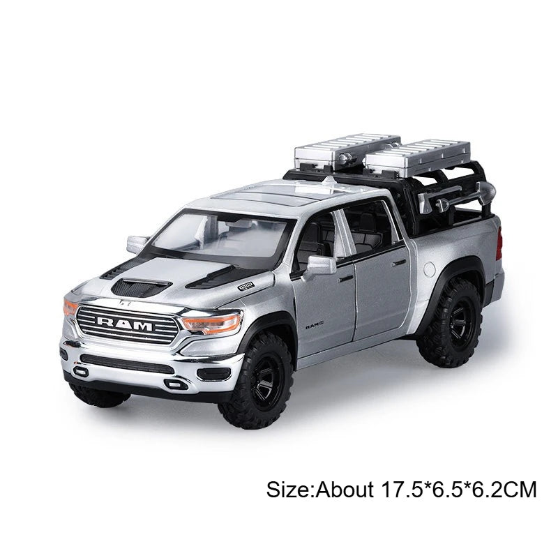 1:32 RAM Pickup Mammoth Off Road Vehicle Diecast Model Toy Alloy Car Sound Light Pull Back Doors Opened Models for Children Gift