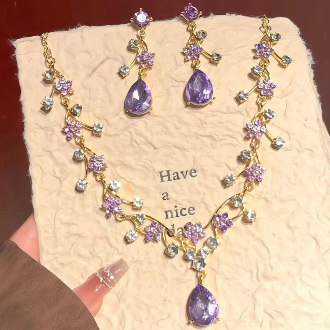 Elegant Pink Floral Rhinestone Jewelry Set for Women Gold Tone Teardrop Pendant Necklace Drop Earrings Bridal Prom Accessories