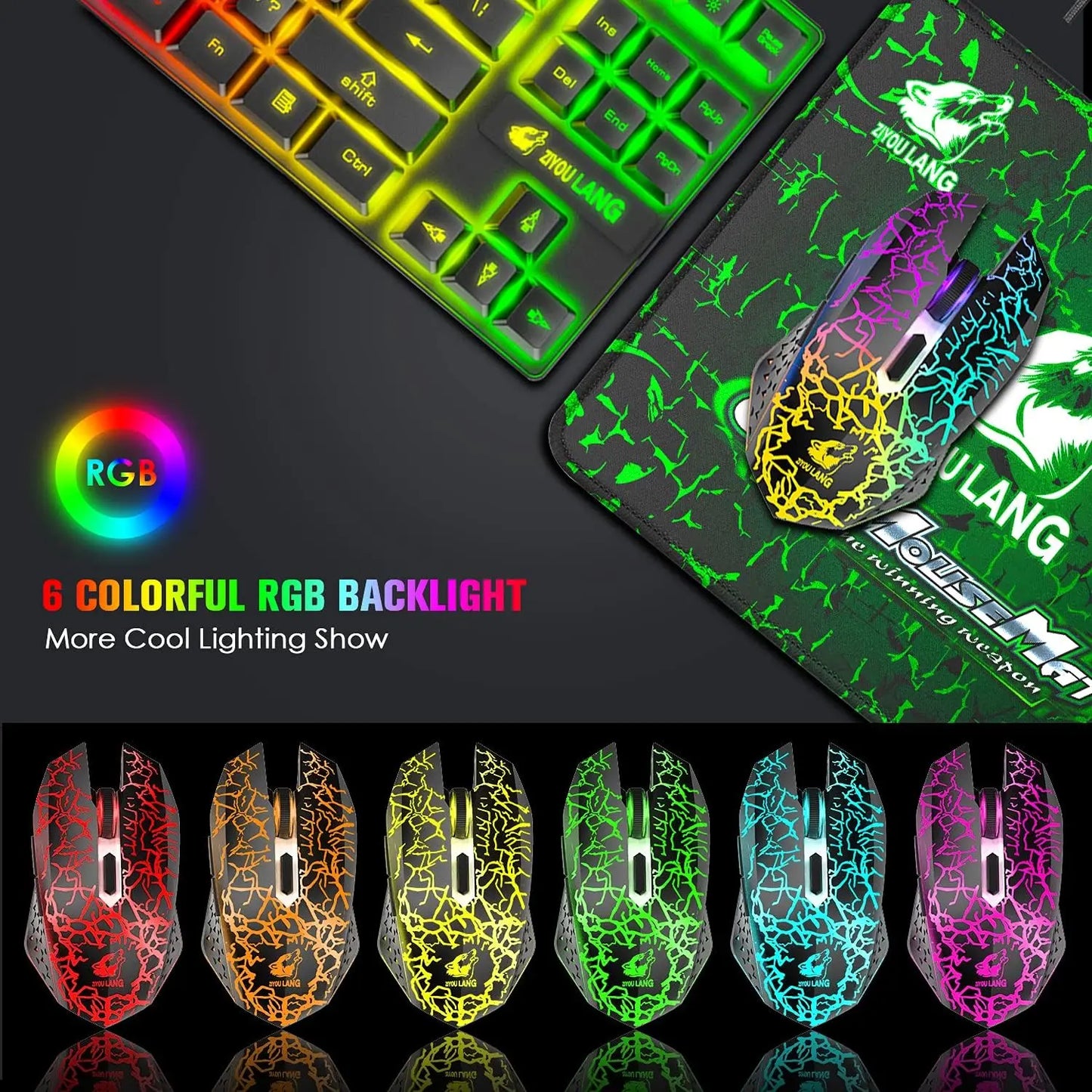 Wireless Gaming Keyboard and Mouse, Rainbow Backlit Rechargeable 3800mAh Battery