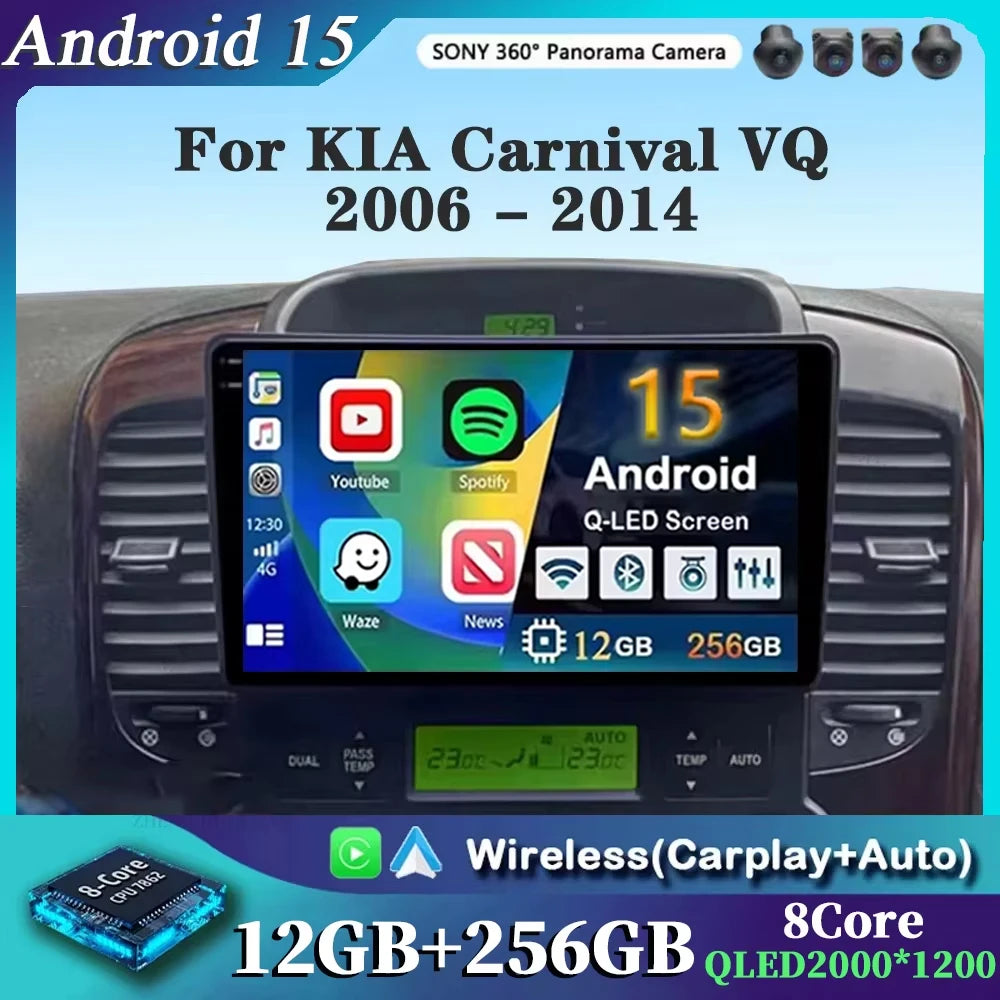 For KIA Carnival VQ 2006-2014 2K 12+256 QLED Android 15 CarPlay Car Radio Multimedia Video Player GPS stereo Head Unit 4G WIFI