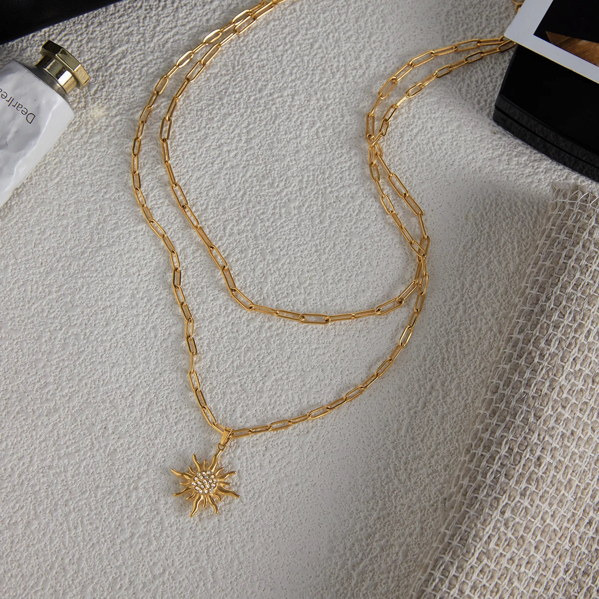 Uworld Unique Designer 18K Gold Color Plated Stainless Steel White Rhinestone Sun Pendant Necklace Stackable Multi Layer Necklac