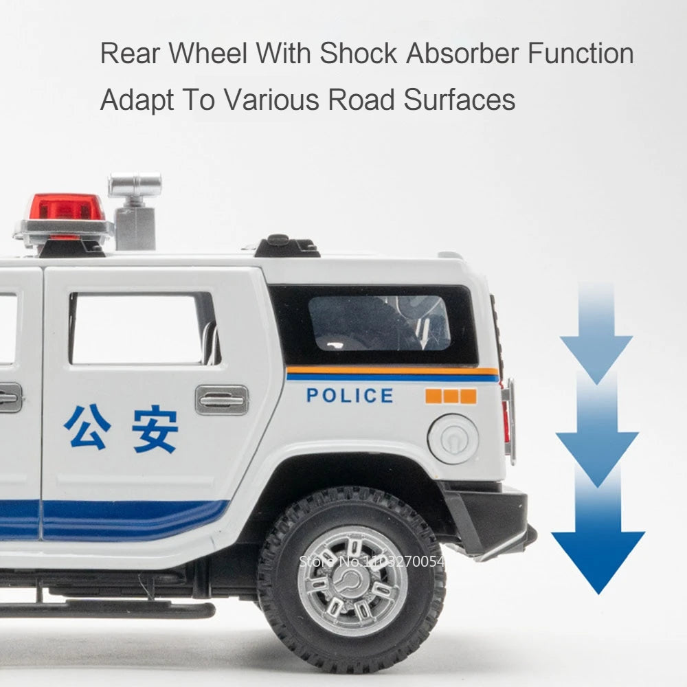 1/24 H2 Police Toy Model Car Alloy Diecast 6 Doors Opened with Sound Light Pull Back Rubber Tire Off-road Vehicles for Kid Gifts