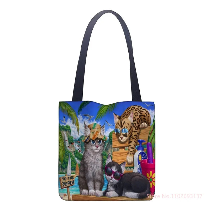 Oil Painting Cat Shopping Bag Eco Reusable Female Tote Bag College Retro Handbag
