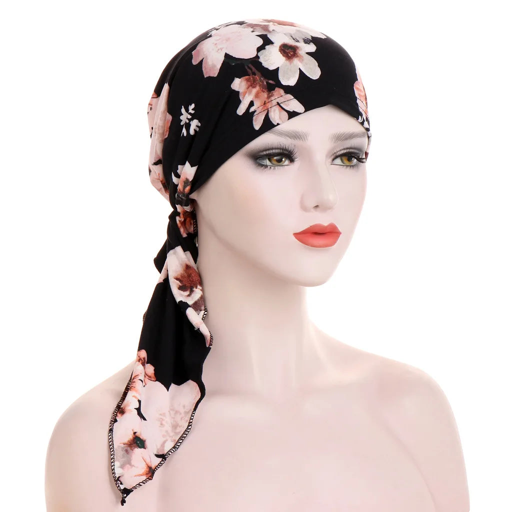 Trendy Print Women Muslim Hijab Caps Wrap Head Soft Elastic Long Tail Turban Bonnet Fashion Headdress Wearable