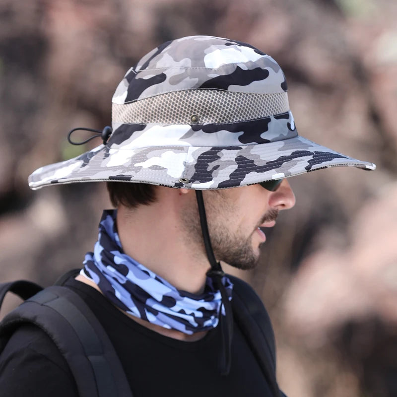 Xinbaoguan 100% Polyester 9018 Outdoor Fisherman Hat Leisure Jungle Round Edge Mesh Hat Mountaineering Fishing Camo Benni Hat