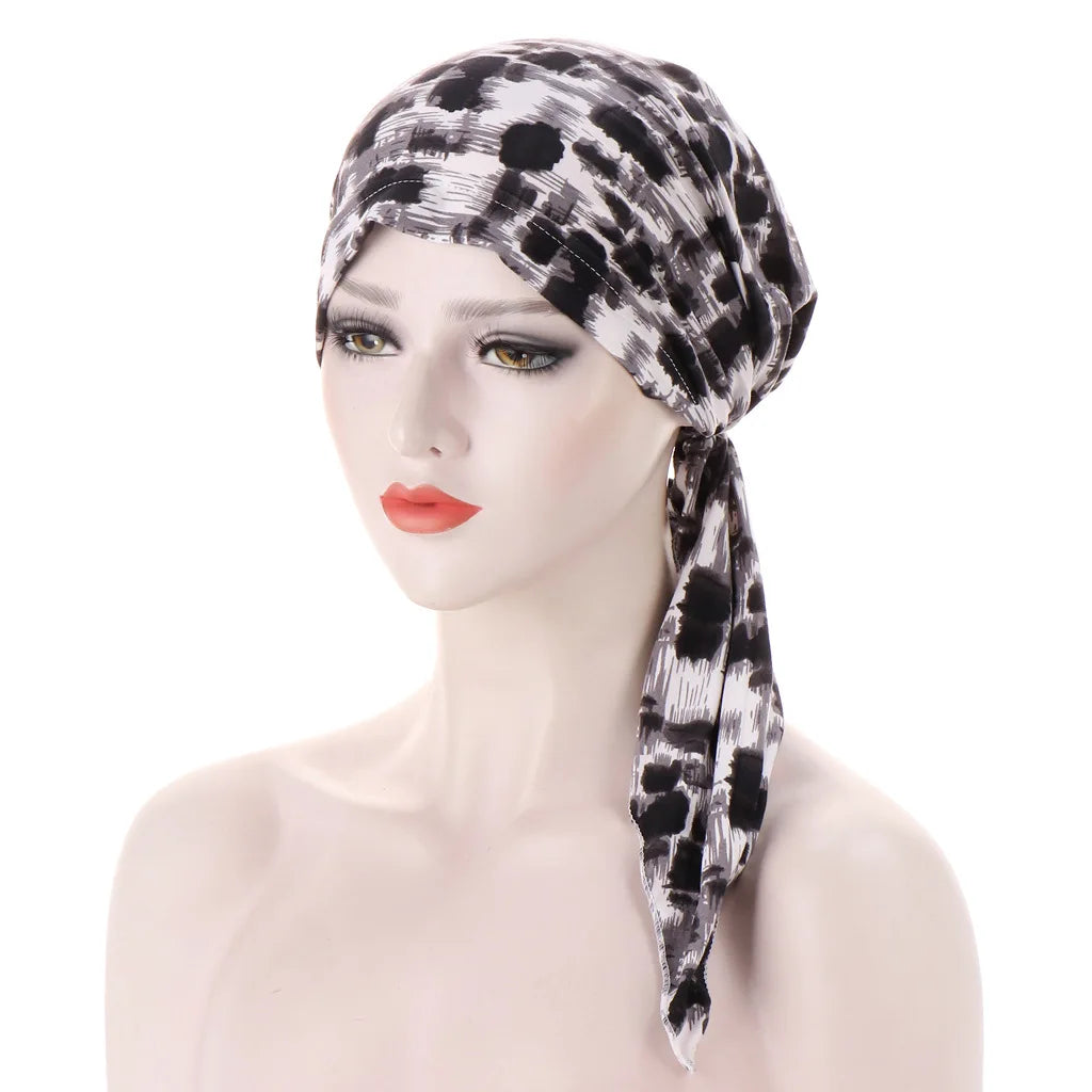 Trendy Print Women Muslim Hijab Caps Wrap Head Soft Elastic Long Tail Turban Bonnet Fashion Headdress Wearable