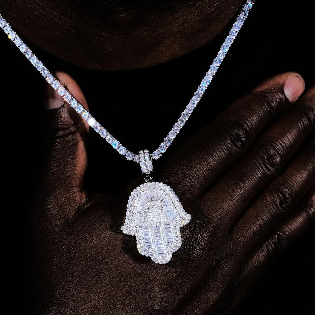 Micro Iced Out Baguette Hamsa Hand Pendant w/ 24" Tennis/Rope Chain Necklaces