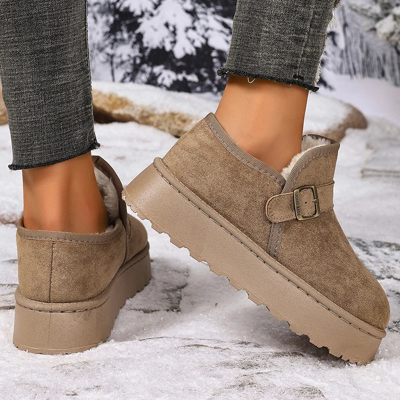 Buckle Decor Thick Bottom Winter Ankle Boots Women 2025 Faux Suede Platform Snow Boots Woman Slip On Short Plush Cotton Shoes