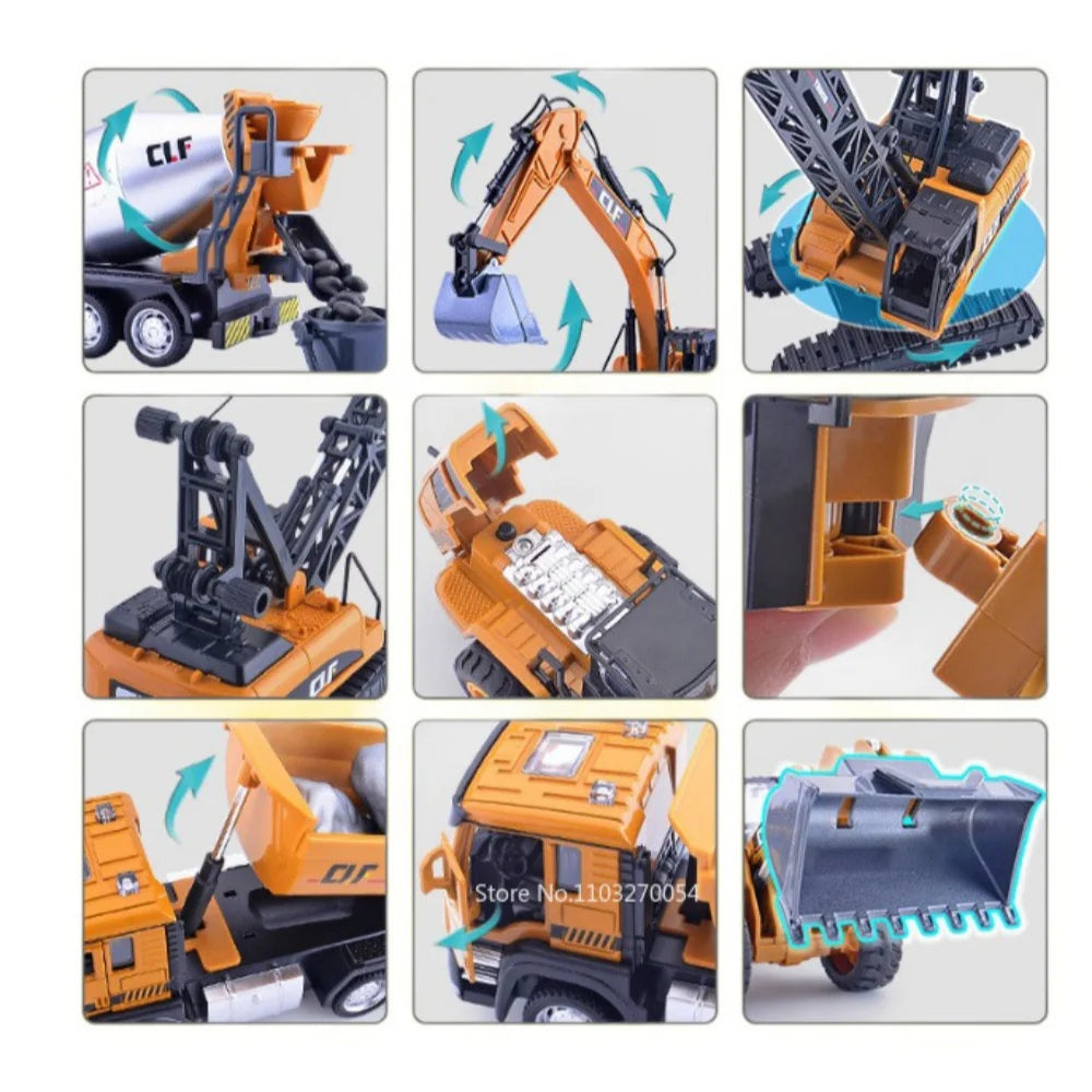 1/50 Excavator Forklift Snowplow Truck Model Car Toys Diecast Alloy Engineering Vehicle Rubber Tire Sound Light Toy Gift for Kid