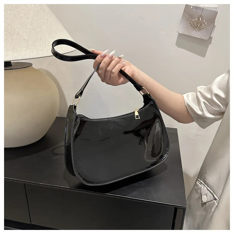 Women's Black Patent Leather Versatile Shoulder Casual Bag Zipper Handbags