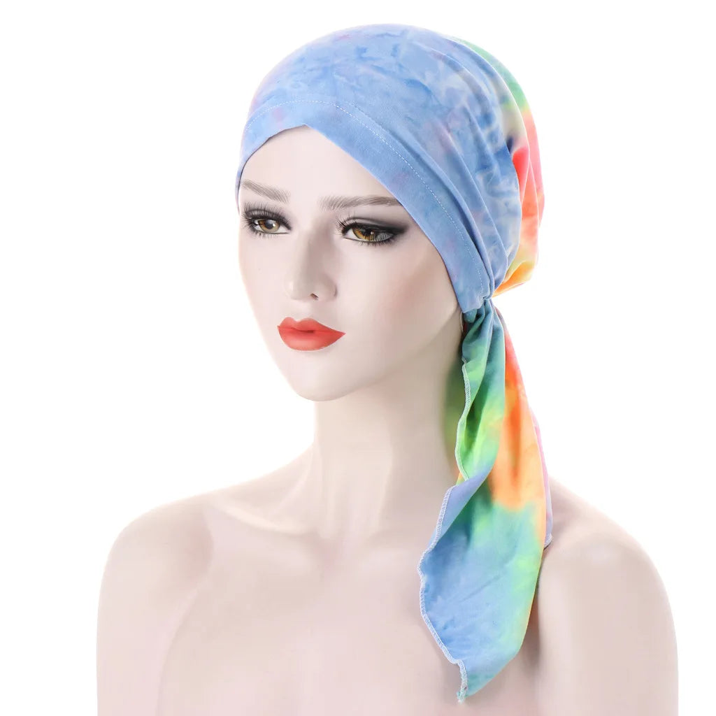 Trendy Print Women Muslim Hijab Caps Wrap Head Soft Elastic Long Tail Turban Bonnet Fashion Headdress Wearable