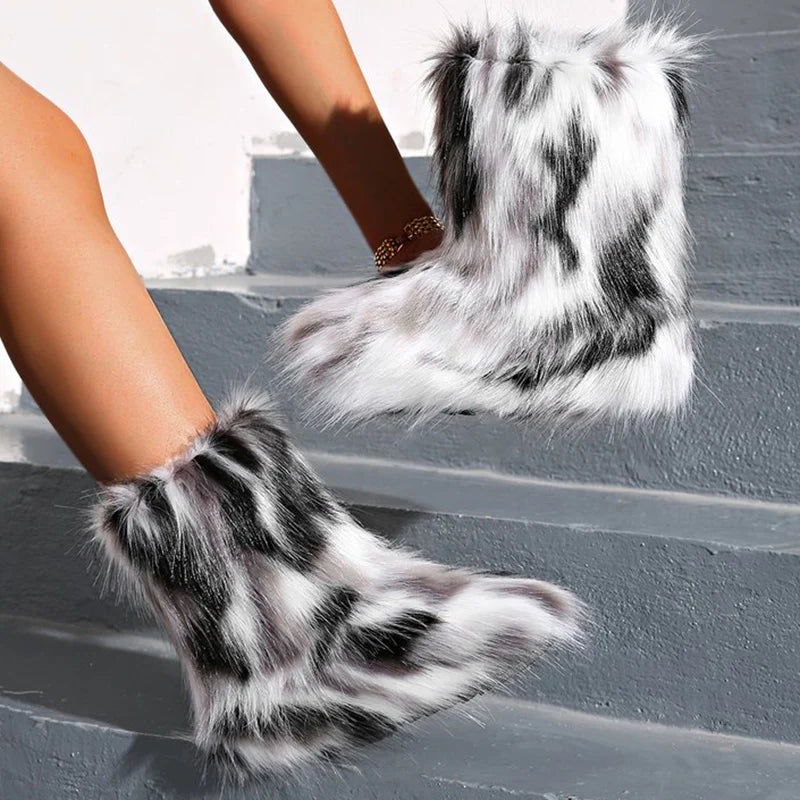 Y2K Mix Color Snow Boots for Women Soft Faux Fur Warm Snow Boots Woman Winter Plus Size 44 Non Slip Plush Booties Ladies