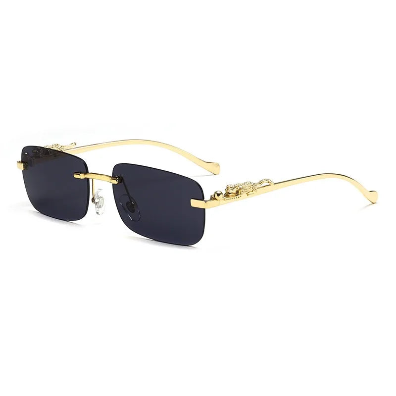 Rimless Square Fashion Fashion Glasses with Leopard Print Accents, Golden - Tone Metal Frame, Gradient Lenses