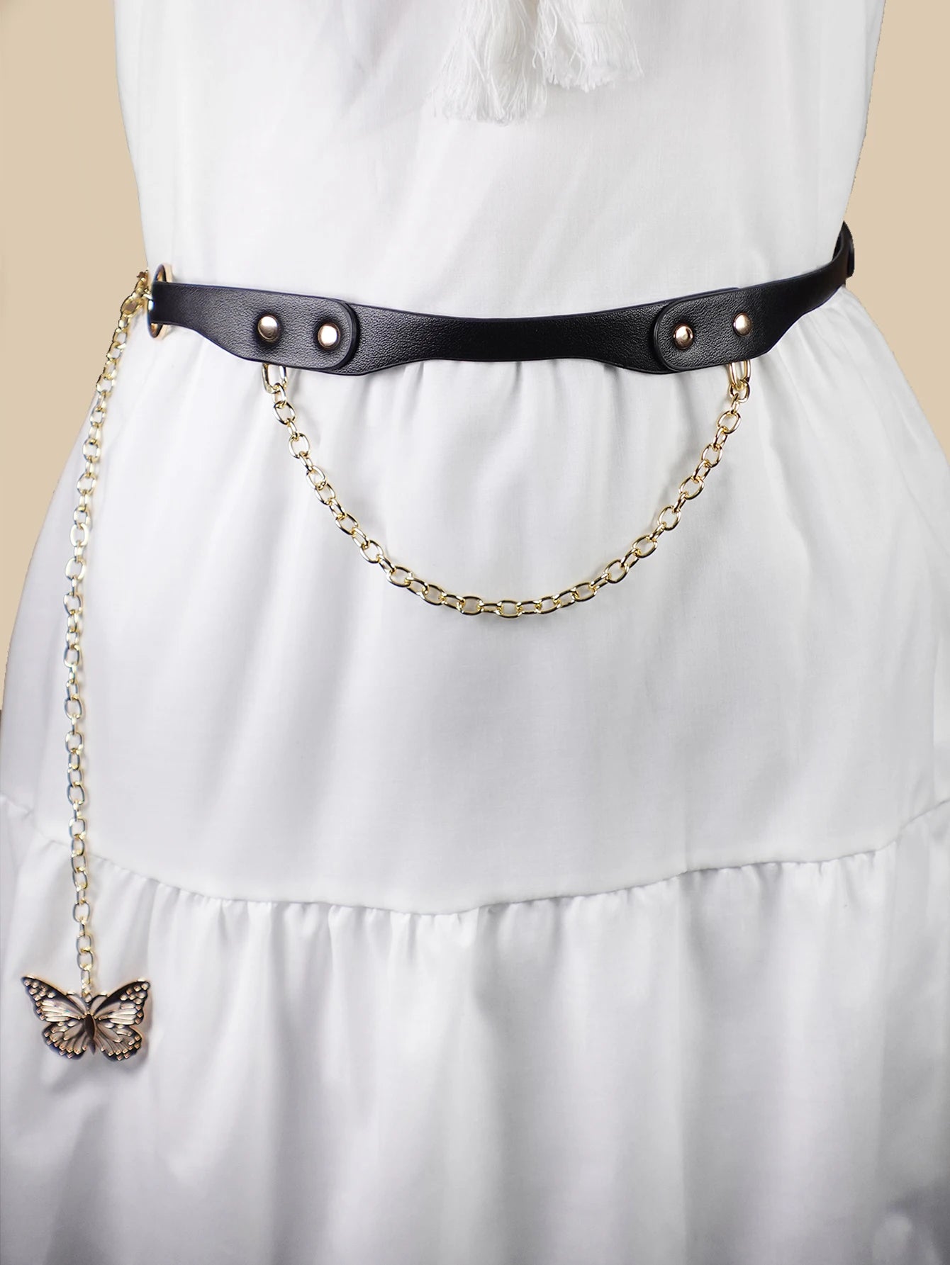 Y2K Vintage Women's Waist Chain - Metal Ring & Antique Butterfly Rivet Belt for Dresses, Festivals & Casual Styling