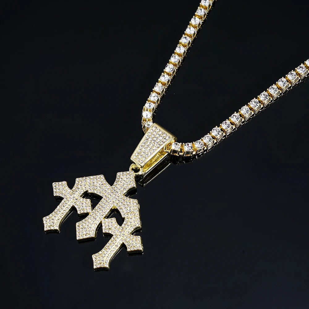 2026 New Men's Iced out Stacked Crosses Pendant Necklace Hip Hop Jewelry with exaggeration 13mm Cuban Chain Rhinestone Gift