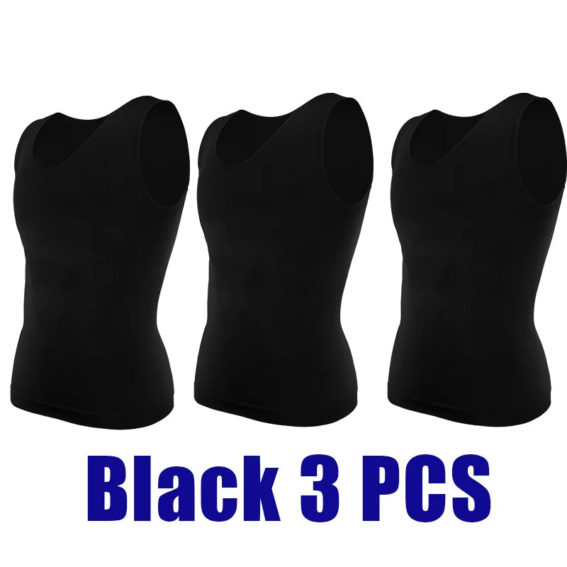 3PC Black Men Compression Shirt Tummy Control Slim Vest Waist Trainer Workout