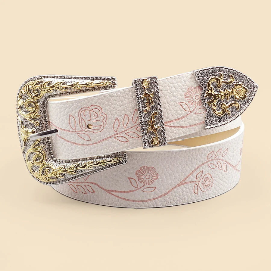 White & Black Smooth Edge Women's Belt - Minimalist Solid Color Waistband with Gold Engraving & Alloy Buckle for Office/Dates