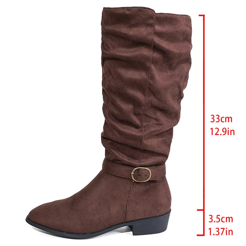 Pleated Design Block Heel Knee High Boots Women Plus Size 36-42 Zipper Long Boots Woman 2025 Fashion Buckle Flock Botas Mujer