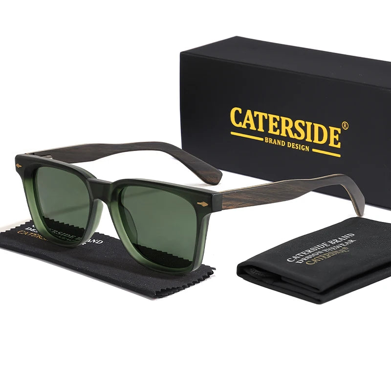 CATERSIDE New Retro Men Polarized Sunglasses High-Quality Solid Wood Legs Sun Glasses Fashion Women Party Travel Holiday Glasses