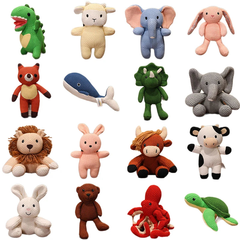 Cute Knitted Cartoon Animal Toy Stuffed Cow Cattle Fox Dinosaur Whale Shark Sitting Standing Small Appeasing Gift