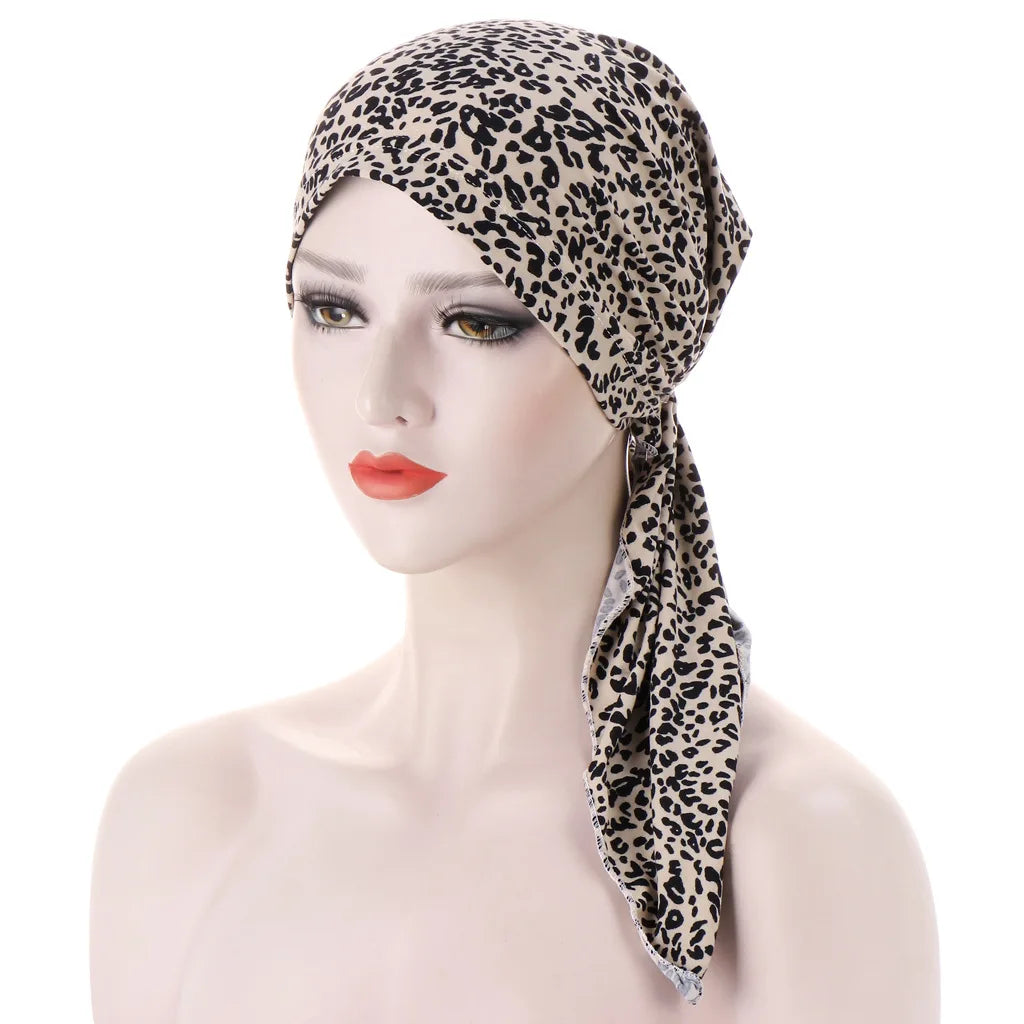 Trendy Print Women Muslim Hijab Caps Wrap Head Soft Elastic Long Tail Turban Bonnet Fashion Headdress Wearable