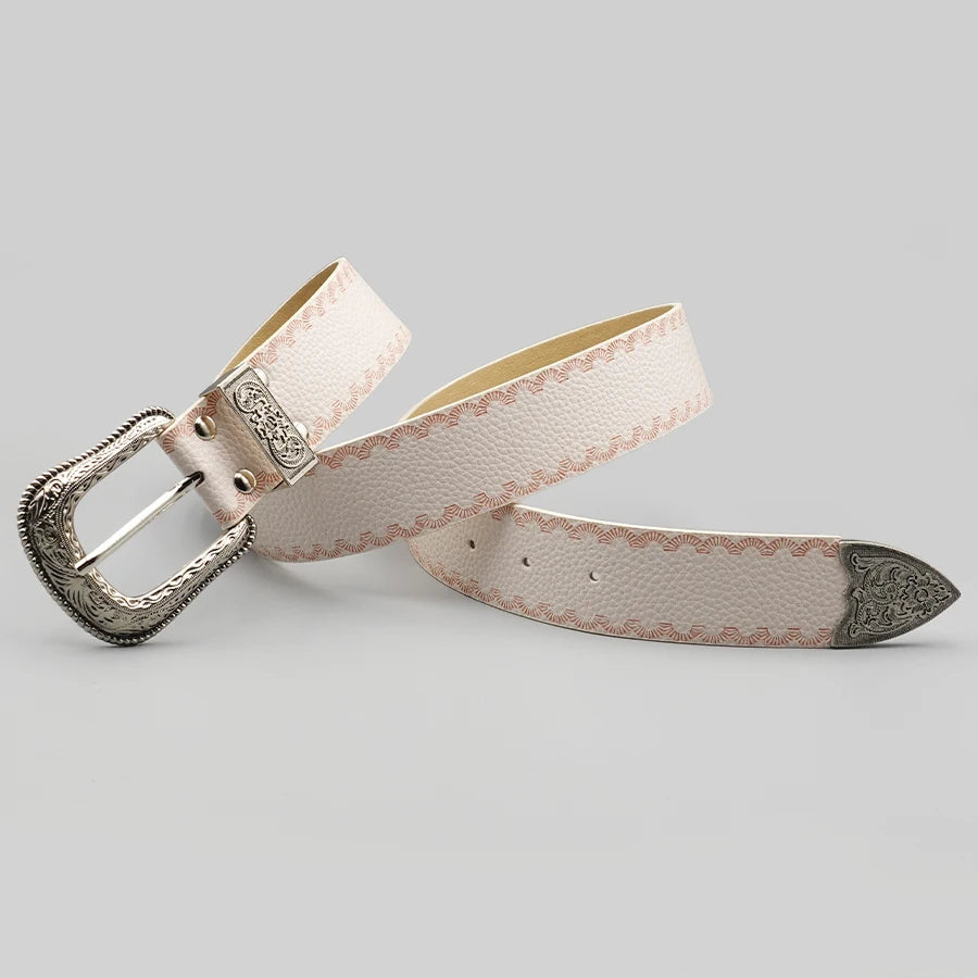 White Border Women's Belt, Solid Color Casual Printed Belt, Silver Carved Alloy Buckle, Suitable for Daily Commuting and Dating