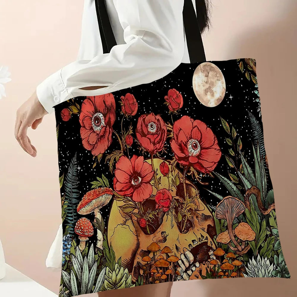 Cute Mushroom Print Shopping Bag Lady Handbag, Eco Reusable Large Tote Shop Bags