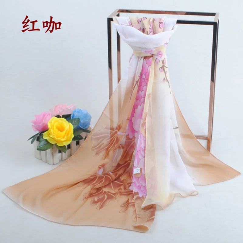 New Peony Flower Women's Printed Chiffon Long Scarves Wholesale Yiwu Autumn and Winter Scarves Small Scarves