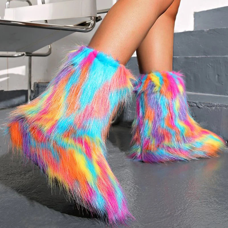 Y2K Mix Color Snow Boots for Women Soft Faux Fur Warm Snow Boots Woman Winter Plus Size 44 Non Slip Plush Booties Ladies