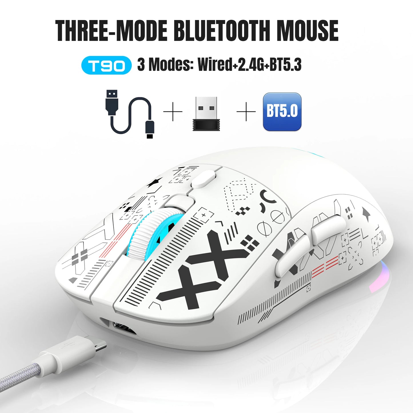 T90 2.4G 3-mode silent buttons ergonomic Color RGB Backlit 650mAh wireless mouse