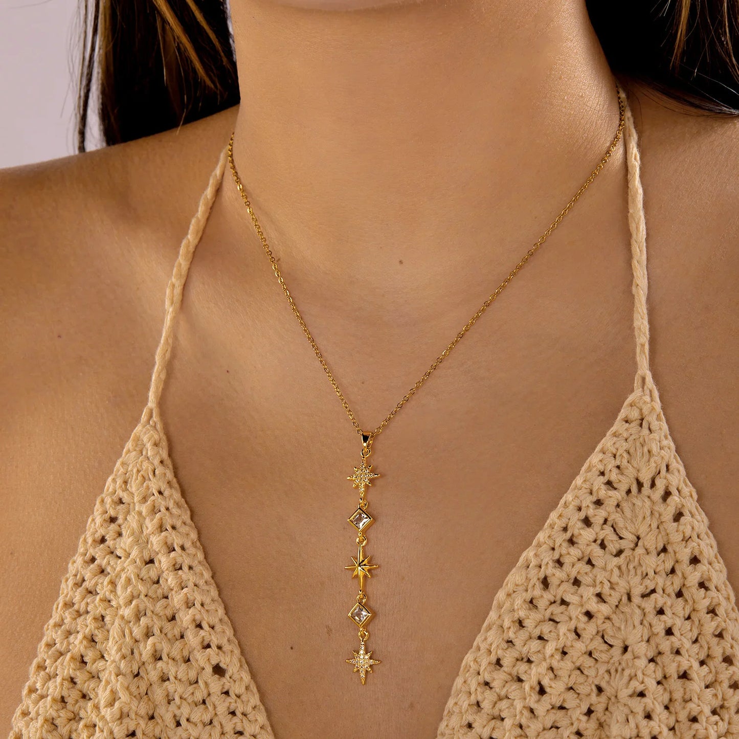 Shiny Colorful Tassel Star Burst Diamond Shape Long Pendant Stainless Steel Necklace for Women Bohemian Layered Jewelry Gift