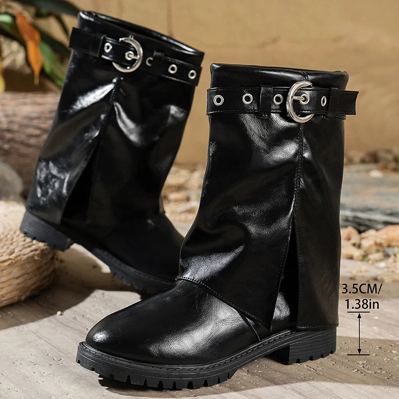 Belt Buckle Wide Leg Mid Calf Boots Women Plus Size 42 Med Heel Pu Leather Boots Woman Slip On Straight Fashion Botas Mujer