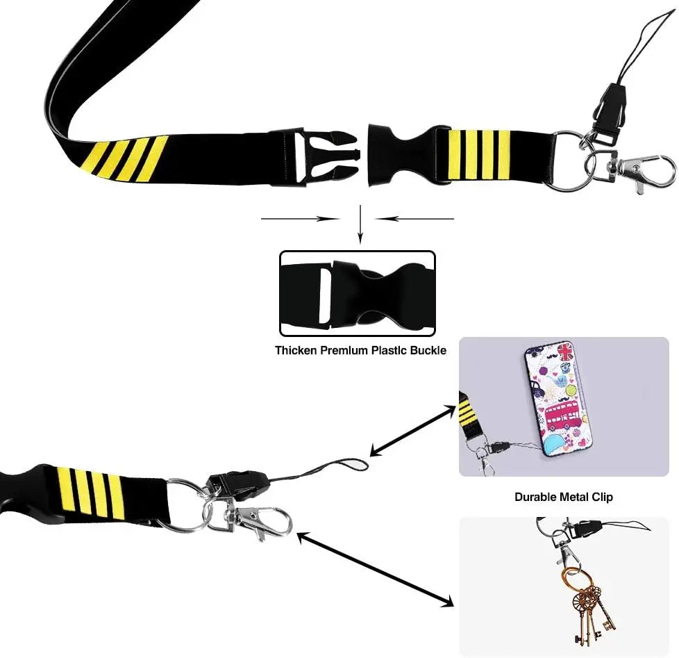Pilot Lanyard 4 Stripes for Keys with Detachable Safety Buckle Traveler Pilot Keychain Baggage Tag set